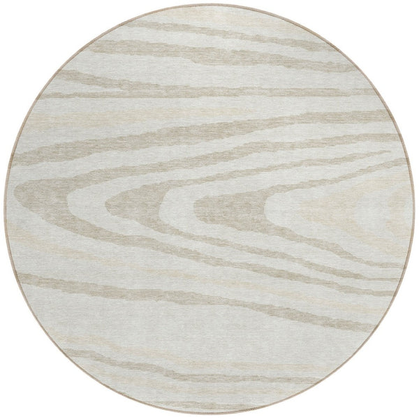 HomeRoots 5' Stylish Ivory Beige Taupe Faux Bois Washable Area Rug for Indoor and Outdoor Spaces, Durable Design 8' Round 614487