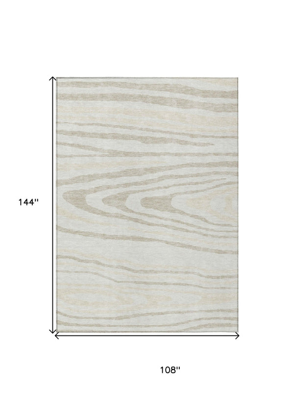 HomeRoots 5' Stylish Ivory Beige Taupe Faux Bois Washable Area Rug for Indoor and Outdoor Spaces, Durable Design 9' X 12' 614489