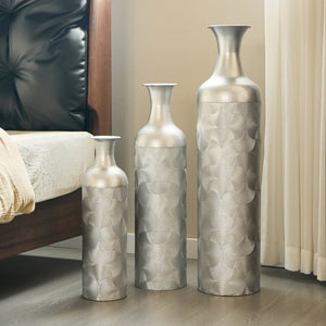 English Elm Silver Metal Floor Vase Trio Etched Wave Pattern Tall Cylinder Set for Modern Decor W2796P386873
