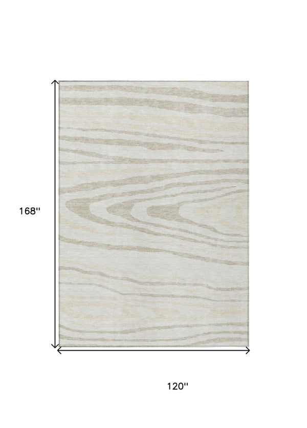 HomeRoots 5' Stylish Ivory Beige Taupe Faux Bois Washable Area Rug for Indoor and Outdoor Spaces, Durable Design 10' X 14' 614490