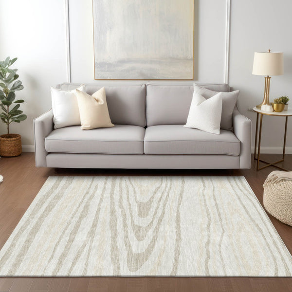 HomeRoots 5' Stylish Ivory Beige Taupe Faux Bois Washable Area Rug for Indoor and Outdoor Spaces, Durable Design 10' X 14' 614490