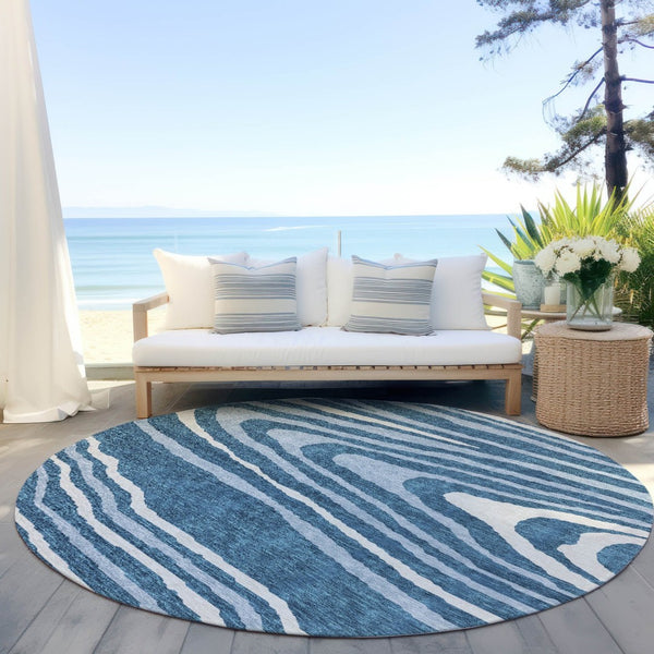 HomeRoots 5' Navy Blue Denim Faux Bois Area Rug – Stylish, Washable Indoor/Outdoor Design for Every Space 8' Round 614493