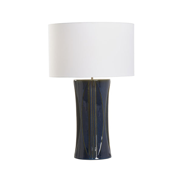 Wildwood Celine Deep Blue Ceramic Table Lamp With White Drum Shade — Handcrafted Glossy Sculptural Accent Light 61452