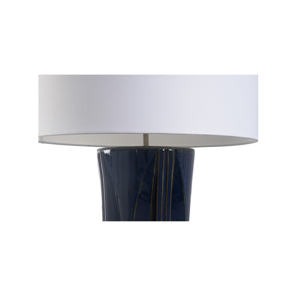 Wildwood Celine Deep Blue Ceramic Table Lamp With White Drum Shade — Handcrafted Glossy Sculptural Accent Light 61452