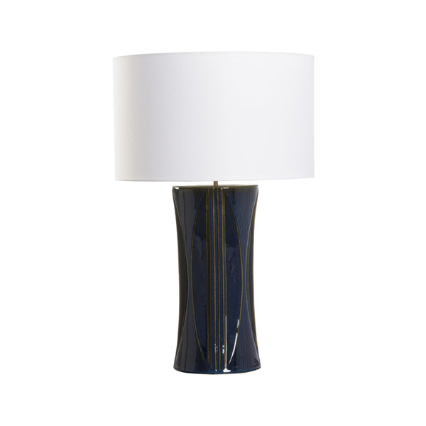 Wildwood Celine Deep Blue Ceramic Table Lamp With White Drum Shade — Handcrafted Glossy Sculptural Accent Light 61452
