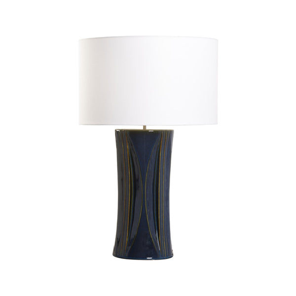 Wildwood Celine Deep Blue Ceramic Table Lamp With White Drum Shade — Handcrafted Glossy Sculptural Accent Light 61452