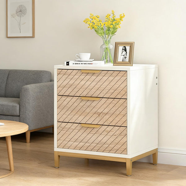 English Elm Versatile 3 Drawer Nightstand with Gold Legs Light Wood Grain Finish Bedroom End Table T3971P448530