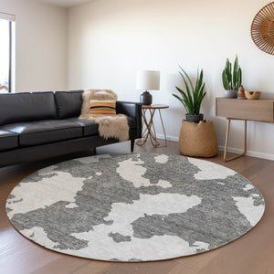 HomeRoots 5' Contemporary Gray and Ivory Abstract Area Rug - Washable, Durable, Stain-Resistant Design for Indoor Outdoor Use 8' Round 614541