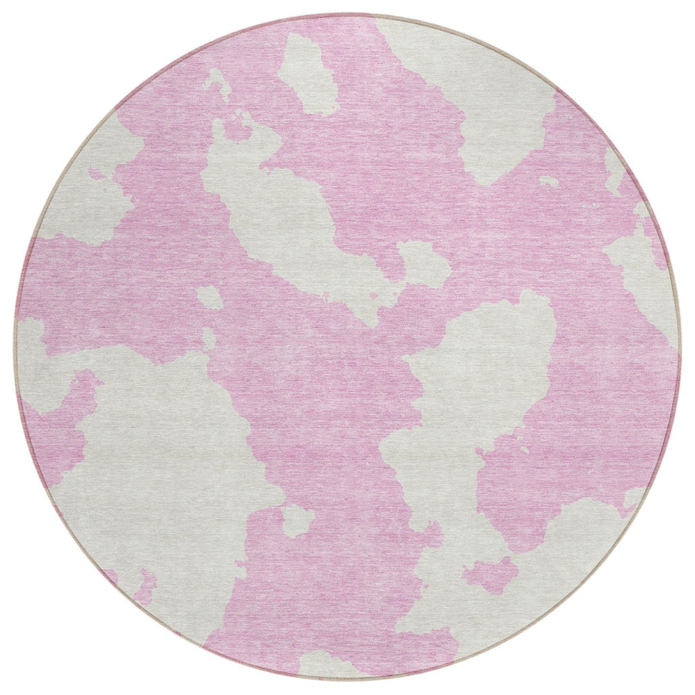 HomeRoots 5' Pink and Ivory Abstract Area Rug - Washable, Durable, Perfect for Indoor and Outdoor Spaces 8' Round 614559