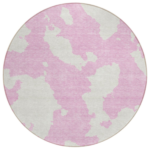 HomeRoots 5' Pink and Ivory Abstract Area Rug - Washable, Durable, Perfect for Indoor and Outdoor Spaces 8' Round 614559
