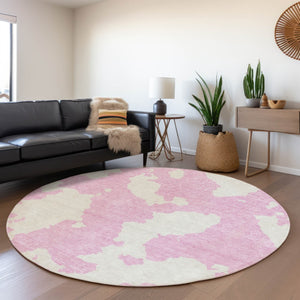HomeRoots 5' Pink and Ivory Abstract Area Rug - Washable, Durable, Perfect for Indoor and Outdoor Spaces 8' Round 614559