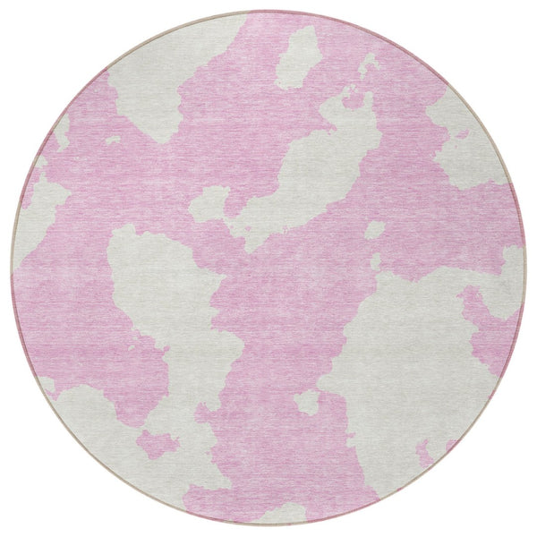 HomeRoots 5' Pink and Ivory Abstract Area Rug - Washable, Durable, Perfect for Indoor and Outdoor Spaces 8' Round 614559