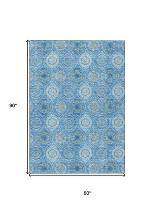 HomeRoots 5' Denim Blue Floral Medallion Area Rug - Washable, Indoor/Outdoor, Stain-Resistant, Durable Design 5' X 8' 614582