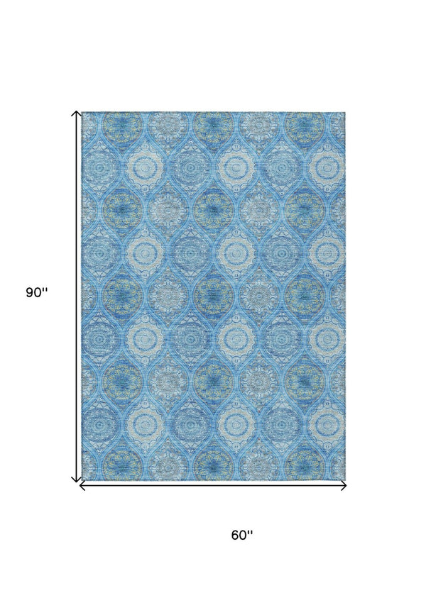 HomeRoots 5' Denim Blue Floral Medallion Area Rug - Washable, Indoor/Outdoor, Stain-Resistant, Durable Design 5' X 8' 614582