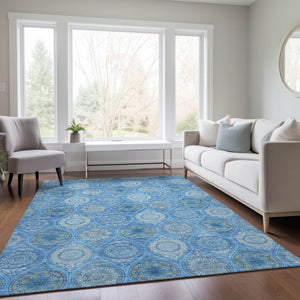 HomeRoots 5' Denim Blue Floral Medallion Area Rug - Washable, Indoor/Outdoor, Stain-Resistant, Durable Design 5' X 8' 614582