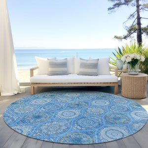 HomeRoots 5' Denim Blue Floral Medallion Area Rug - Washable, Indoor/Outdoor, Stain-Resistant, Durable Design 8' Round 614583