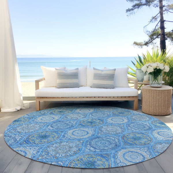 HomeRoots 5' Denim Blue Floral Medallion Area Rug - Washable, Indoor/Outdoor, Stain-Resistant, Durable Design 8' Round 614583