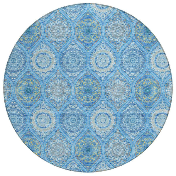 HomeRoots 5' Denim Blue Floral Medallion Area Rug - Washable, Indoor/Outdoor, Stain-Resistant, Durable Design 8' Round 614583