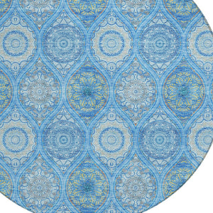 HomeRoots 5' Denim Blue Floral Medallion Area Rug - Washable, Indoor/Outdoor, Stain-Resistant, Durable Design 8' Round 614583