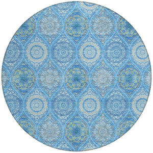 HomeRoots 5' Denim Blue Floral Medallion Area Rug - Washable, Indoor/Outdoor, Stain-Resistant, Durable Design 8' Round 614583