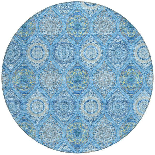 HomeRoots 5' Denim Blue Floral Medallion Area Rug - Washable, Indoor/Outdoor, Stain-Resistant, Durable Design 8' Round 614583