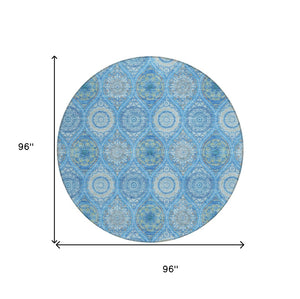 HomeRoots 5' Denim Blue Floral Medallion Area Rug - Washable, Indoor/Outdoor, Stain-Resistant, Durable Design 8' Round 614583