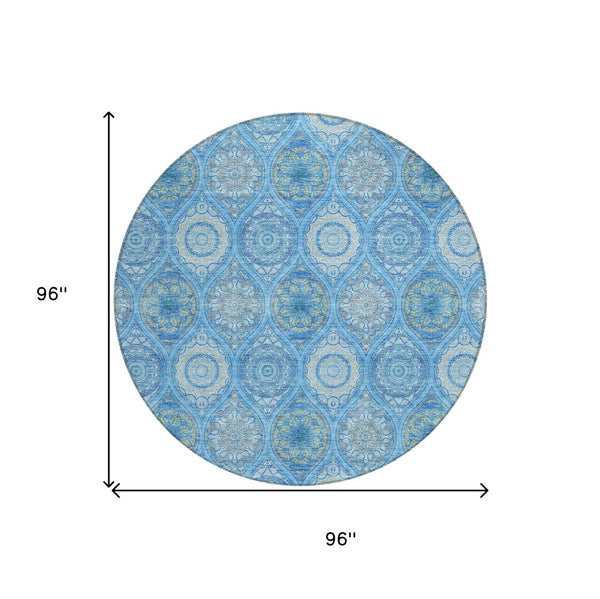 HomeRoots 5' Denim Blue Floral Medallion Area Rug - Washable, Indoor/Outdoor, Stain-Resistant, Durable Design 8' Round 614583