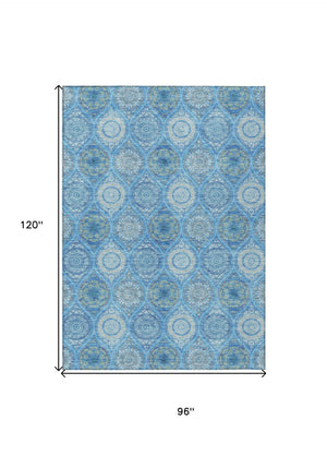 HomeRoots 5' Denim Blue Floral Medallion Area Rug - Washable, Indoor/Outdoor, Stain-Resistant, Durable Design 8' X 10' 614584