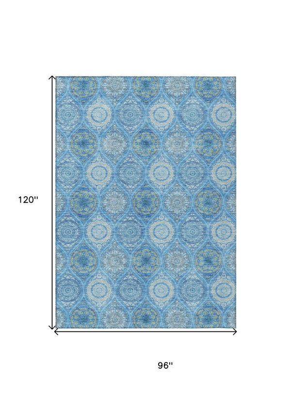 HomeRoots 5' Denim Blue Floral Medallion Area Rug - Washable, Indoor/Outdoor, Stain-Resistant, Durable Design 8' X 10' 614584