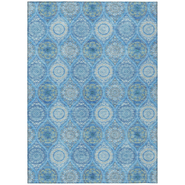 HomeRoots 5' Denim Blue Floral Medallion Area Rug - Washable, Indoor/Outdoor, Stain-Resistant, Durable Design 8' X 10' 614584