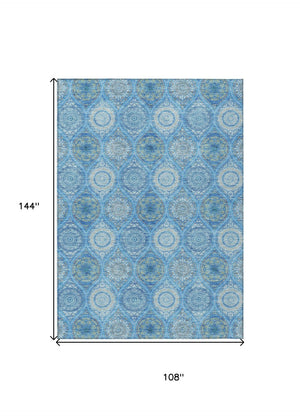 HomeRoots 5' Denim Blue Floral Medallion Area Rug - Washable, Indoor/Outdoor, Stain-Resistant, Durable Design 9' X 12' 614585