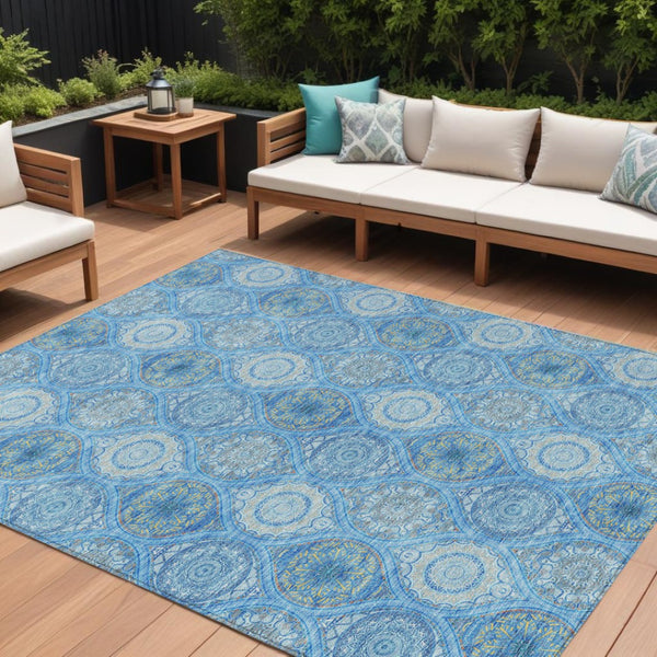 HomeRoots 5' Denim Blue Floral Medallion Area Rug - Washable, Indoor/Outdoor, Stain-Resistant, Durable Design 9' X 12' 614585