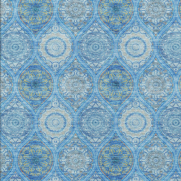 HomeRoots 5' Denim Blue Floral Medallion Area Rug - Washable, Indoor/Outdoor, Stain-Resistant, Durable Design 9' X 12' 614585