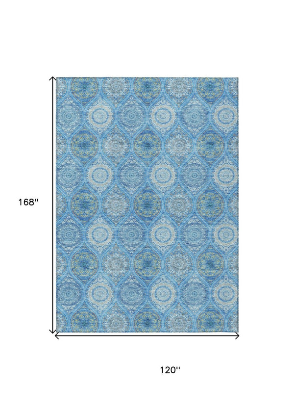 HomeRoots 5' Denim Blue Floral Medallion Area Rug - Washable, Indoor/Outdoor, Stain-Resistant, Durable Design 10' X 14' 614586