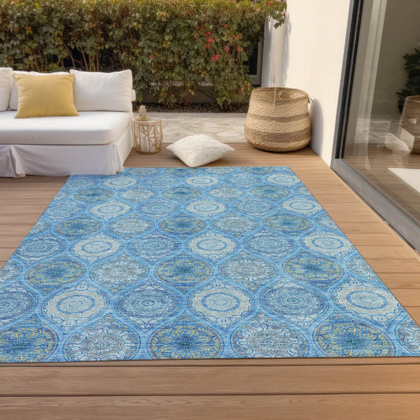 HomeRoots 5' Denim Blue Floral Medallion Area Rug - Washable, Indoor/Outdoor, Stain-Resistant, Durable Design 10' X 14' 614586