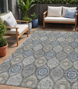 HomeRoots 5' Versatile Gray Ivory and Navy Blue Floral Medallion Area Rug for Indoor and Outdoor Spaces 5' X 8' 614588