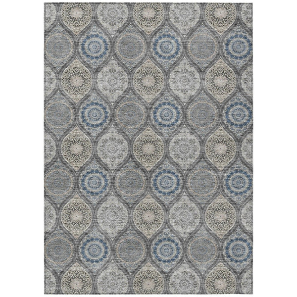 HomeRoots 5' Versatile Gray Ivory and Navy Blue Floral Medallion Area Rug for Indoor and Outdoor Spaces 5' X 8' 614588