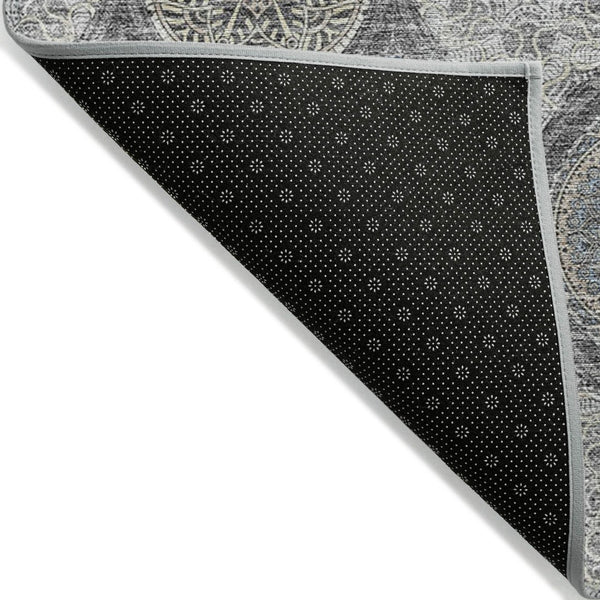 HomeRoots 5' Versatile Gray Ivory and Navy Blue Floral Medallion Area Rug for Indoor and Outdoor Spaces 5' X 8' 614588