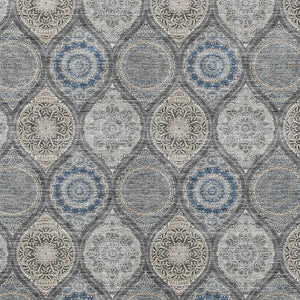 HomeRoots 5' Versatile Gray Ivory and Navy Blue Floral Medallion Area Rug for Indoor and Outdoor Spaces 5' X 8' 614588