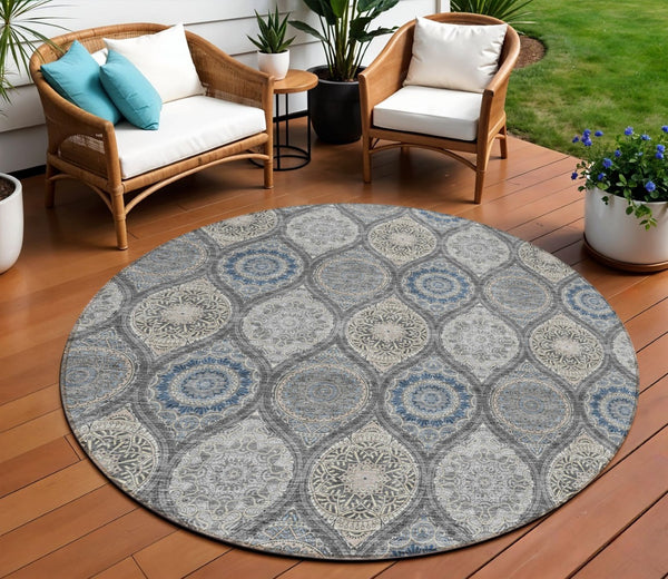 HomeRoots 5' Versatile Gray Ivory and Navy Blue Floral Medallion Area Rug for Indoor and Outdoor Spaces 8' Round 614589