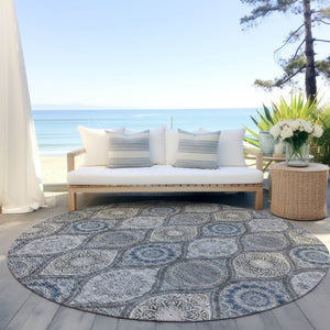 HomeRoots 5' Versatile Gray Ivory and Navy Blue Floral Medallion Area Rug for Indoor and Outdoor Spaces 8' Round 614589