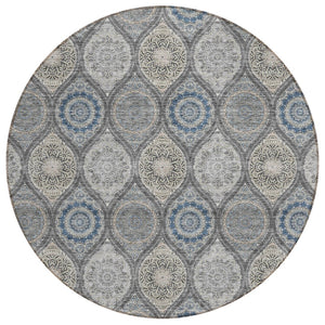 HomeRoots 5' Versatile Gray Ivory and Navy Blue Floral Medallion Area Rug for Indoor and Outdoor Spaces 8' Round 614589