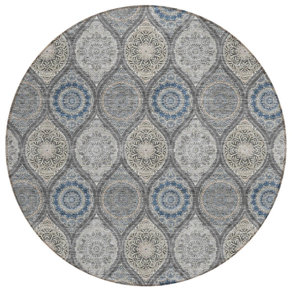 HomeRoots 5' Versatile Gray Ivory and Navy Blue Floral Medallion Area Rug for Indoor and Outdoor Spaces 8' Round 614589