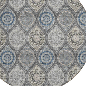 HomeRoots 5' Versatile Gray Ivory and Navy Blue Floral Medallion Area Rug for Indoor and Outdoor Spaces 8' Round 614589