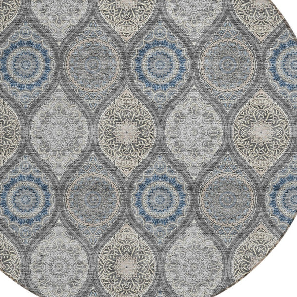 HomeRoots 5' Versatile Gray Ivory and Navy Blue Floral Medallion Area Rug for Indoor and Outdoor Spaces 8' Round 614589