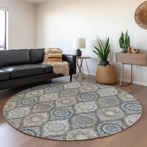 HomeRoots 5' Versatile Gray Ivory and Navy Blue Floral Medallion Area Rug for Indoor and Outdoor Spaces 8' Round 614589