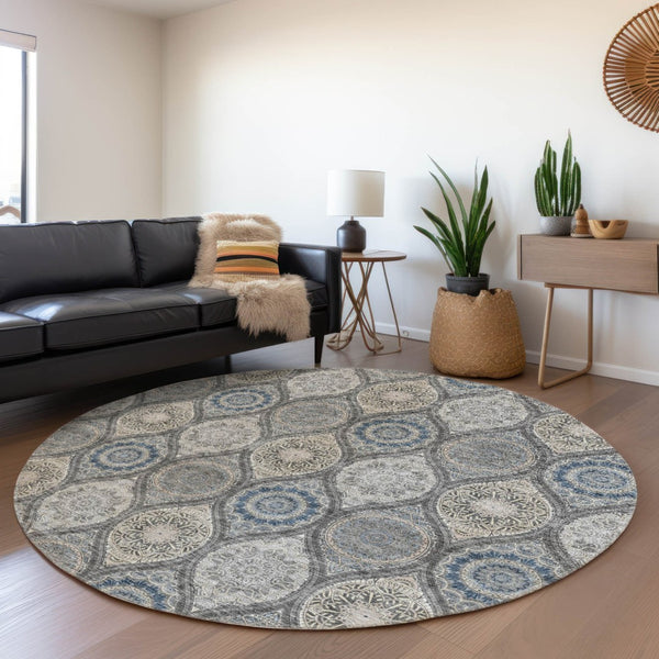 HomeRoots 5' Versatile Gray Ivory and Navy Blue Floral Medallion Area Rug for Indoor and Outdoor Spaces 8' Round 614589
