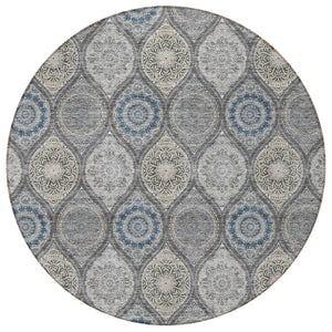 HomeRoots 5' Versatile Gray Ivory and Navy Blue Floral Medallion Area Rug for Indoor and Outdoor Spaces 8' Round 614589
