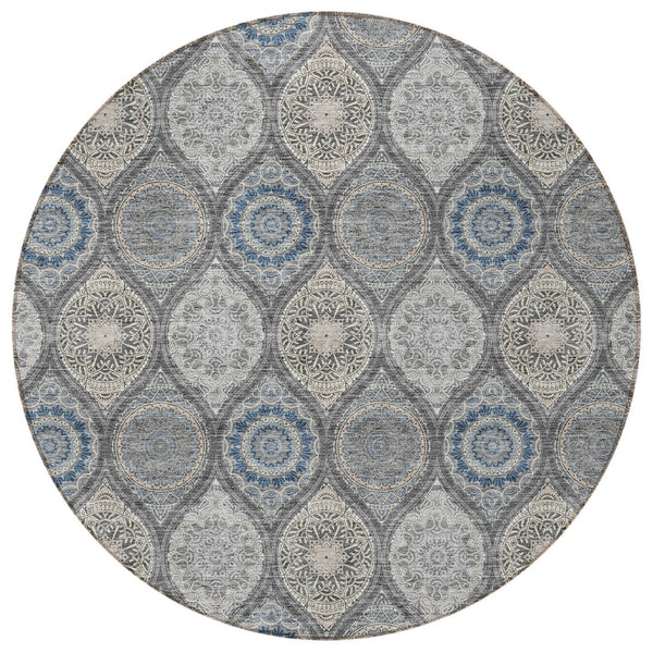 HomeRoots 5' Versatile Gray Ivory and Navy Blue Floral Medallion Area Rug for Indoor and Outdoor Spaces 8' Round 614589