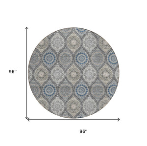HomeRoots 5' Versatile Gray Ivory and Navy Blue Floral Medallion Area Rug for Indoor and Outdoor Spaces 8' Round 614589